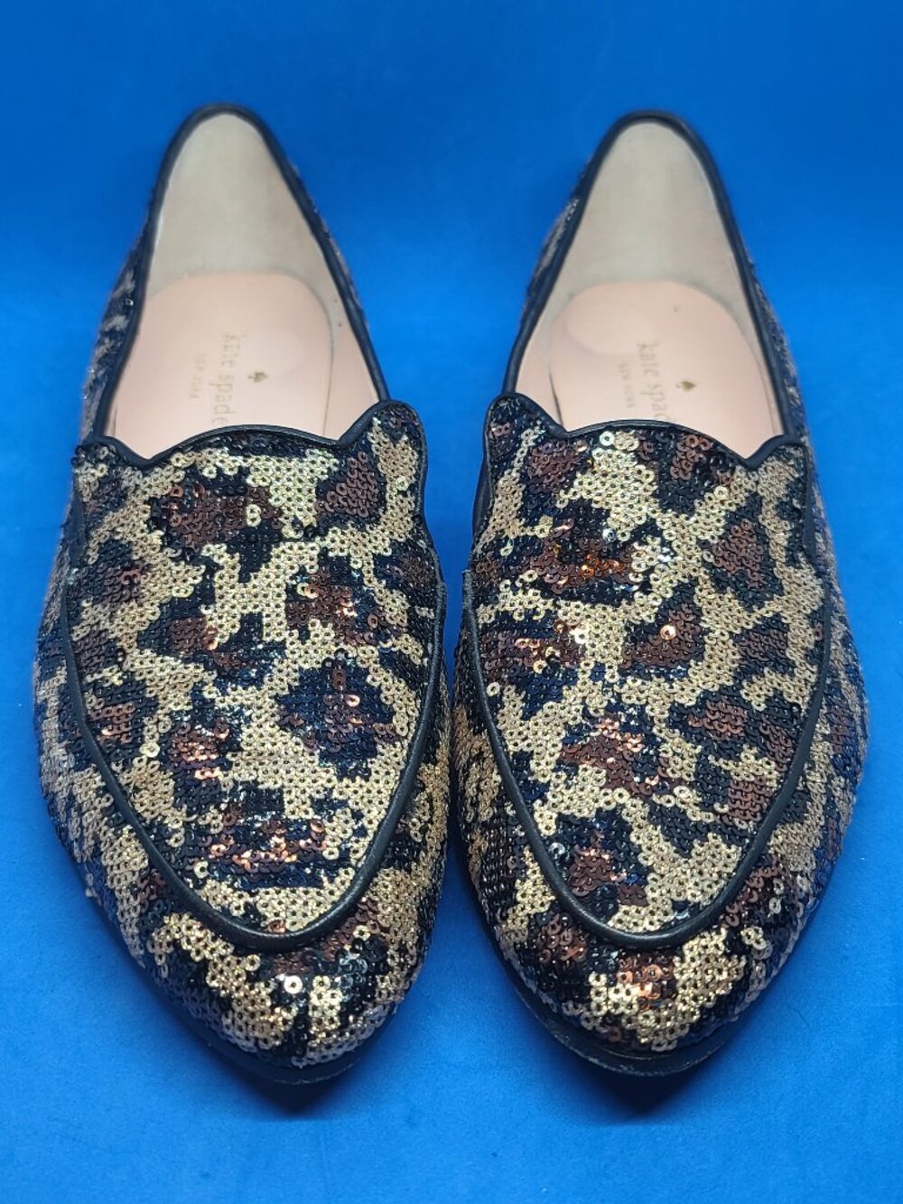 Kate Spade 8.5M Vero Cuoio Brown Sequined Animal Print Slip On Flats Shoes Logo